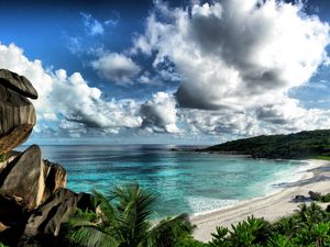 Preview wallpaper sea, sky, beach, rocks, landscape