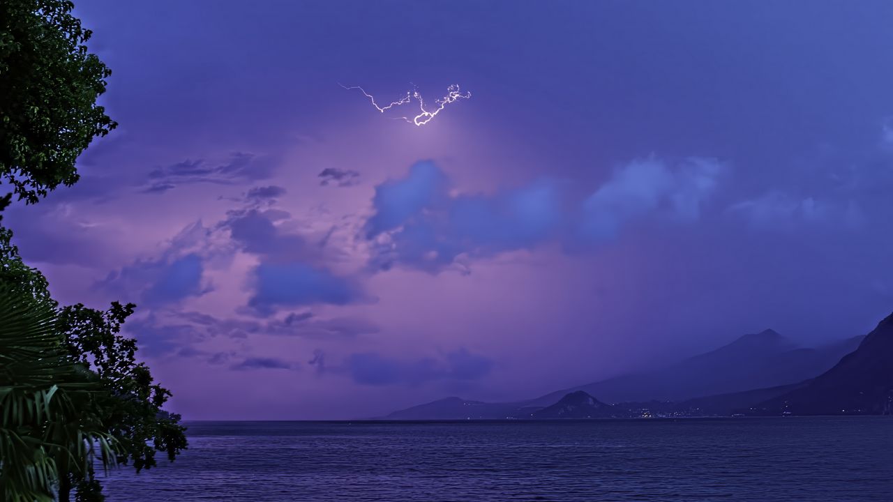 Wallpaper sea, sky, lightning, mountains, landscape, nature