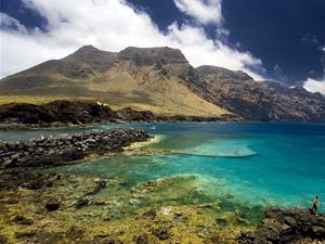 Preview wallpaper sea, sky, mountains, grass, landscape, summer