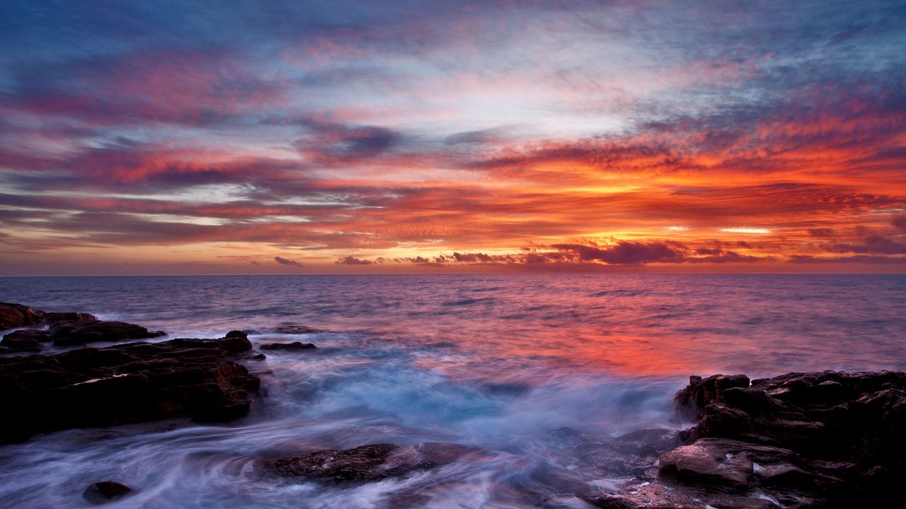Wallpaper sea, sky, sunset, clouds, rocks, surf