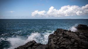 Preview wallpaper sea, splashes, foam, horizon, stones