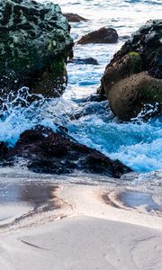 Preview wallpaper sea, splashes, stones, sand