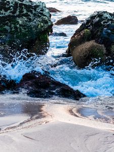 Preview wallpaper sea, splashes, stones, sand