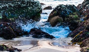Preview wallpaper sea, splashes, stones, sand