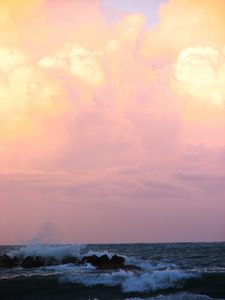 Preview wallpaper sea, splashes, waves, stones, horizon, nature