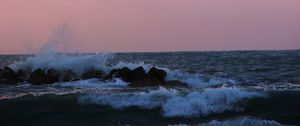 Preview wallpaper sea, splashes, waves, stones, horizon, nature