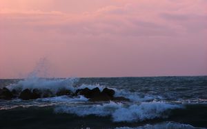 Preview wallpaper sea, splashes, waves, stones, horizon, nature