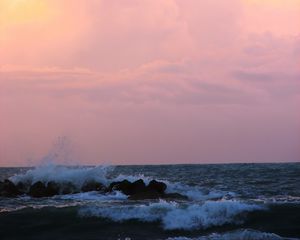 Preview wallpaper sea, splashes, waves, stones, horizon, nature