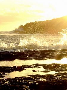Preview wallpaper sea, splashes, waves, coast, stony, sun, light