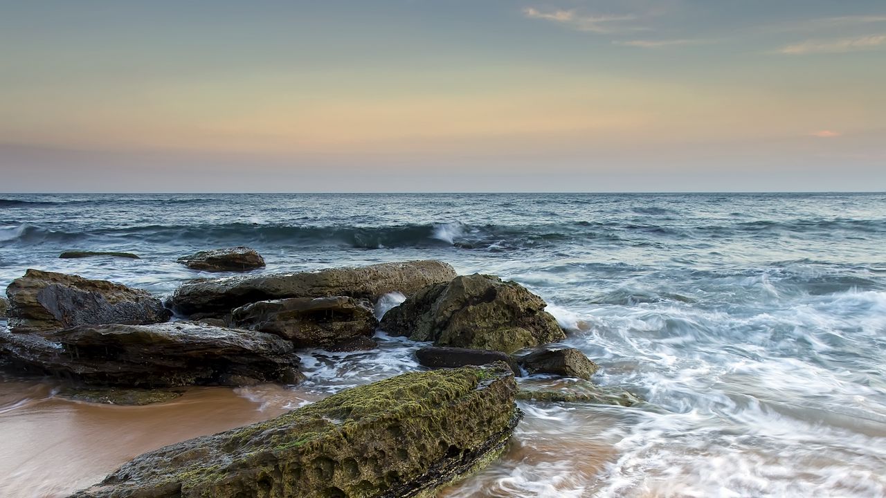 Wallpaper sea, stones, beach, horizon, tide