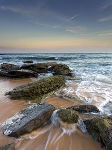 Preview wallpaper sea, stones, beach, horizon, tide