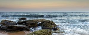 Preview wallpaper sea, stones, beach, horizon, tide