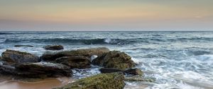 Preview wallpaper sea, stones, beach, horizon, tide