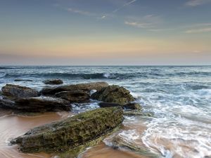 Preview wallpaper sea, stones, beach, horizon, tide