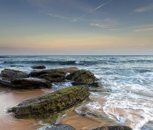 Preview wallpaper sea, stones, beach, horizon, tide