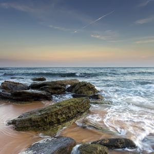 Preview wallpaper sea, stones, beach, horizon, tide