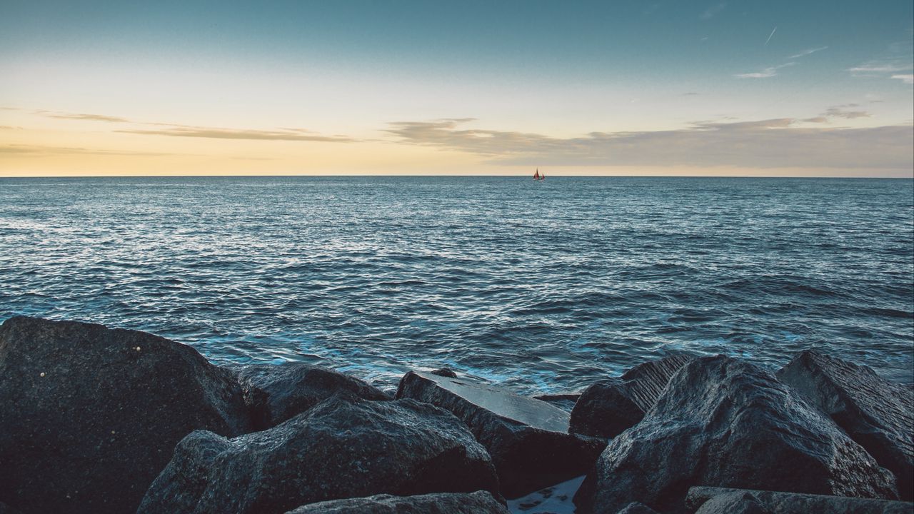 Wallpaper sea, stones, boat, horizon
