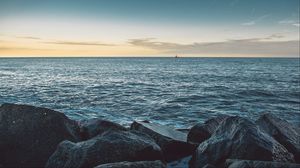 Preview wallpaper sea, stones, boat, horizon