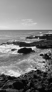 Preview wallpaper sea, stones, coast, black and white, nature