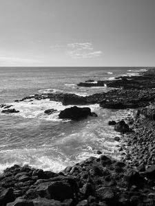 Preview wallpaper sea, stones, coast, black and white, nature