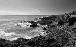 Preview wallpaper sea, stones, coast, black and white, nature