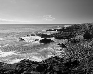 Preview wallpaper sea, stones, coast, black and white, nature