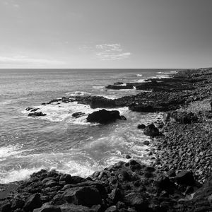 Preview wallpaper sea, stones, coast, black and white, nature