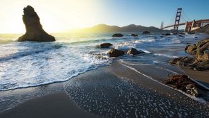 Preview wallpaper sea, stones, day, bridge, movement, stream, foam