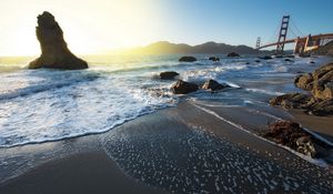 Preview wallpaper sea, stones, day, bridge, movement, stream, foam