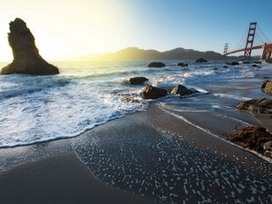 Preview wallpaper sea, stones, day, bridge, movement, stream, foam