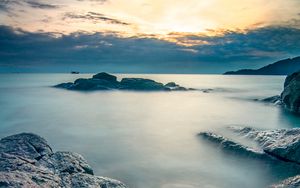 Preview wallpaper sea, stones, fog, horizon, landscape