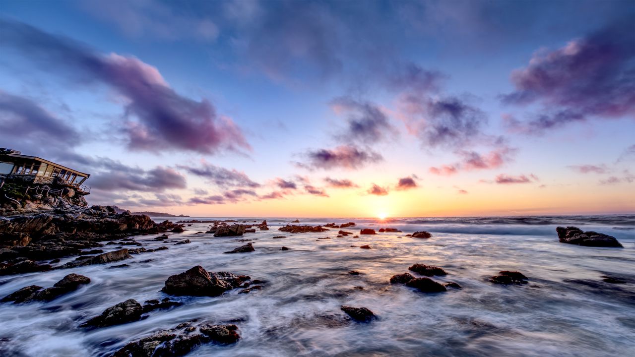 Wallpaper sea, stones, horizon, sunset, clouds, nature