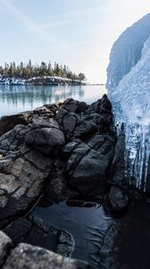 Preview wallpaper sea, stones, ice, snow, snowy