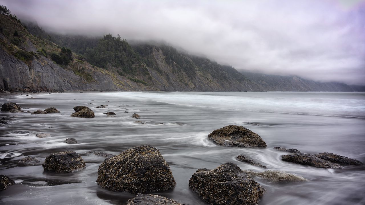 Wallpaper sea, stones, mountains, long exposure, nature