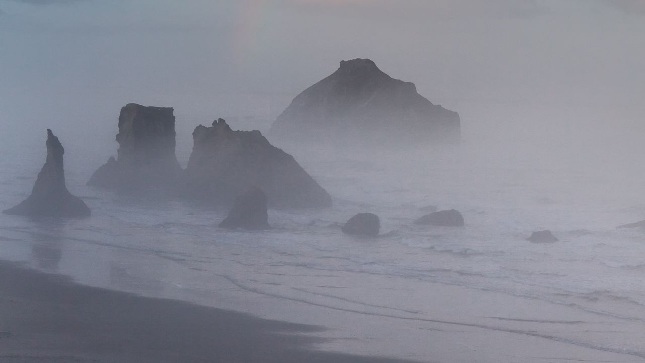 Wallpaper sea, stones, rocks, rainbow, fog