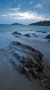 Preview wallpaper sea, stones, rocks, horizon, sand