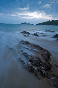 Preview wallpaper sea, stones, rocks, horizon, sand