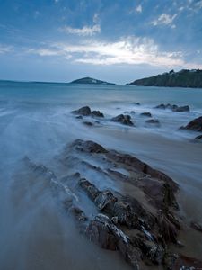 Preview wallpaper sea, stones, rocks, horizon, sand