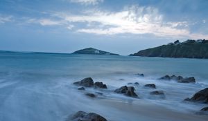 Preview wallpaper sea, stones, rocks, horizon, sand