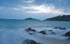 Preview wallpaper sea, stones, rocks, horizon, sand