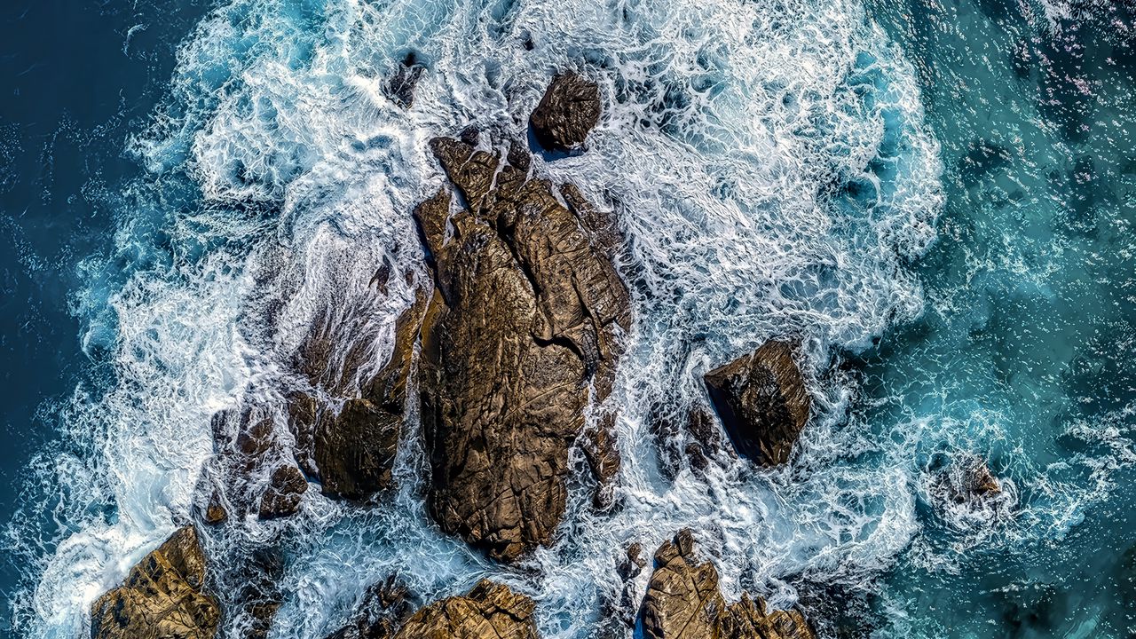 Wallpaper sea, stones, sea foam, aerial view, nature