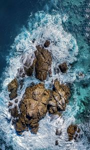 Preview wallpaper sea, stones, sea foam, aerial view, nature