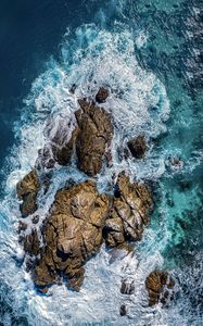 Preview wallpaper sea, stones, sea foam, aerial view, nature