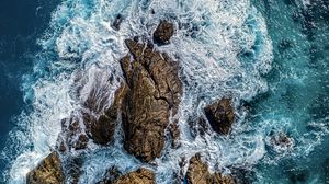 Preview wallpaper sea, stones, sea foam, aerial view, nature