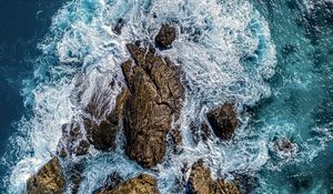 Preview wallpaper sea, stones, sea foam, aerial view, nature