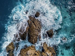 Preview wallpaper sea, stones, sea foam, aerial view, nature