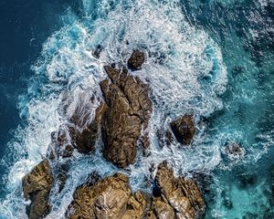 Preview wallpaper sea, stones, sea foam, aerial view, nature