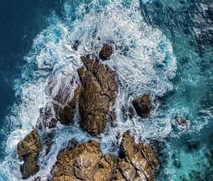 Preview wallpaper sea, stones, sea foam, aerial view, nature