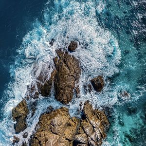 Preview wallpaper sea, stones, sea foam, aerial view, nature