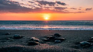 Preview wallpaper sea, stones, shore, horizon, sunset, sky